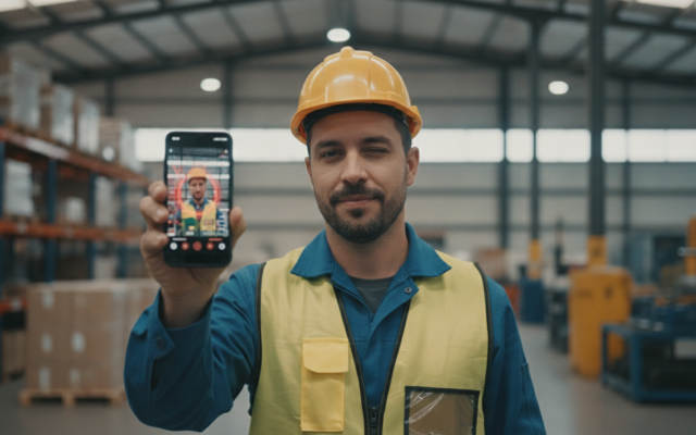 Colaborador fazendo prova de vida no celular para ponto facial