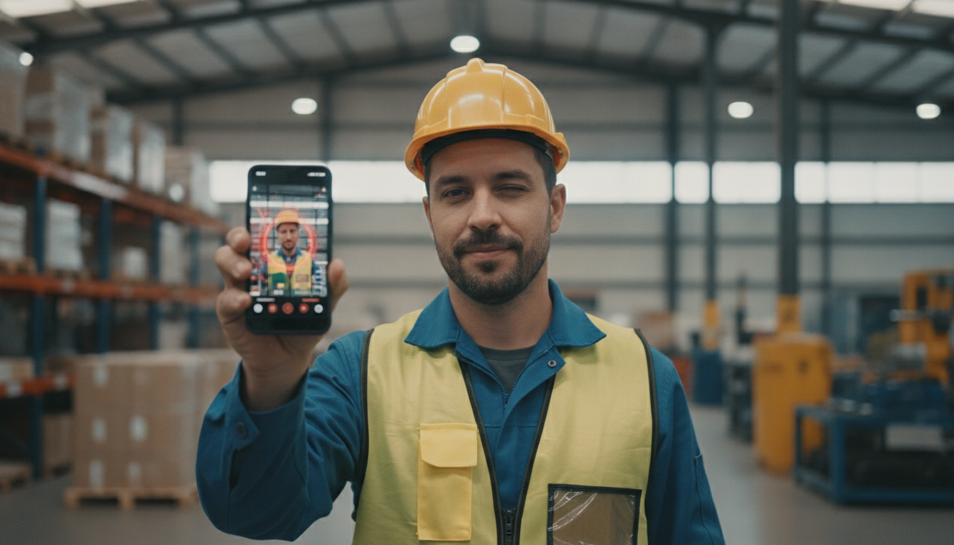 Colaborador fazendo prova de vida no celular para ponto facial