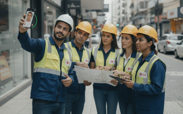 Equipe externa em campo usando smartphone para controle de ponto