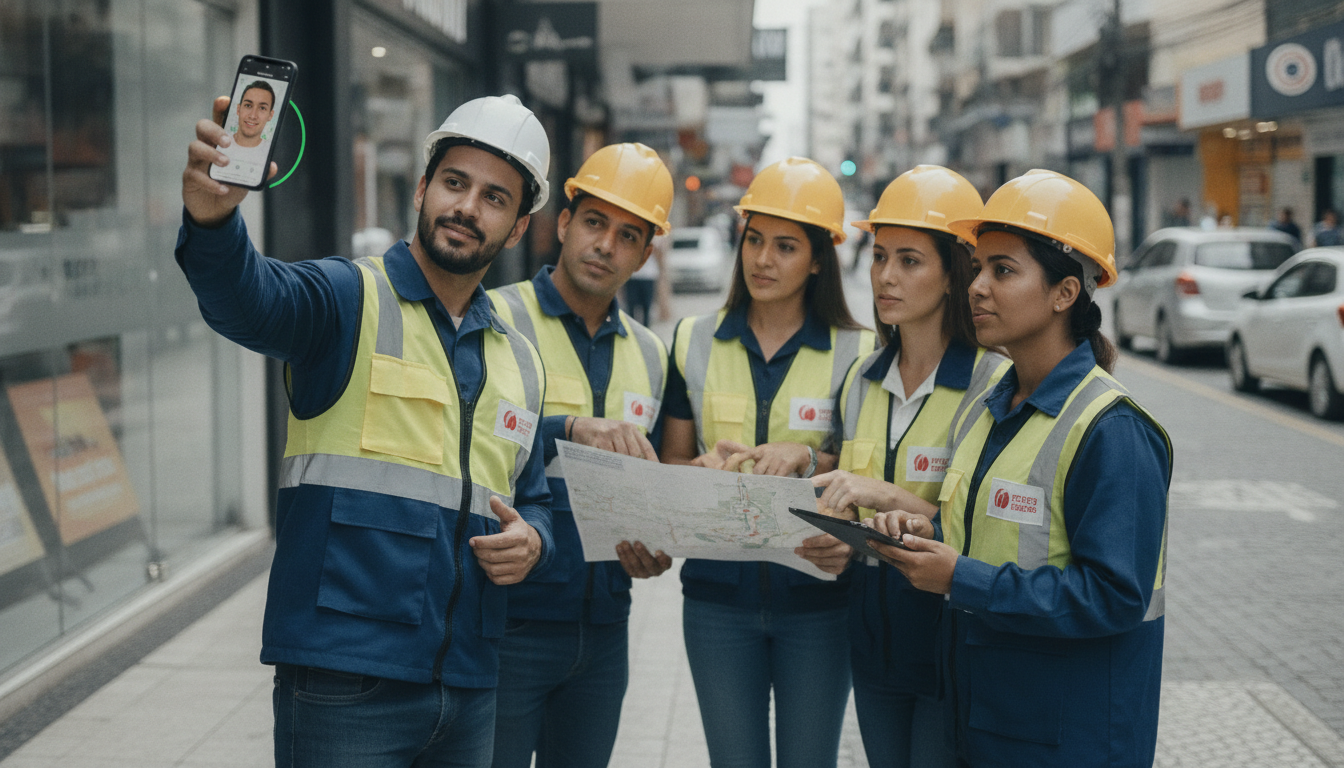 Equipe externa em campo usando smartphone para controle de ponto