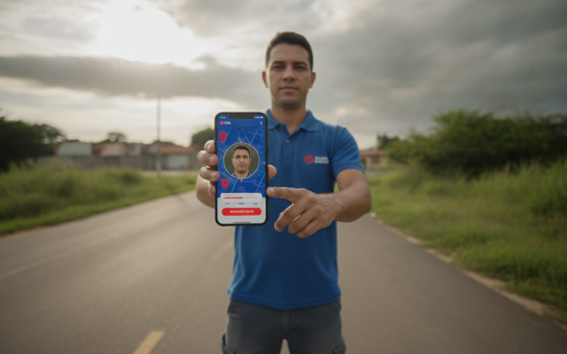 Colaborador registrando ponto facial pelo celular com GPS