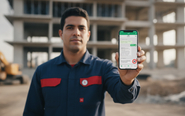Colaborador usando WhatsApp no celular para registrar ponto