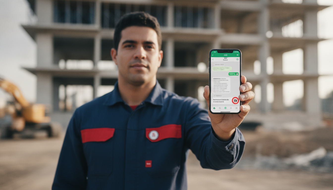 Colaborador usando WhatsApp no celular para registrar ponto